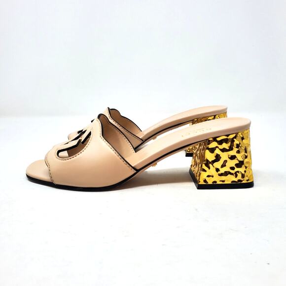 Gucci Sandals Interlocking G Cut-Out Leather Light Nude Gold Heel Size 37 US 7 - Picture 5 of 11